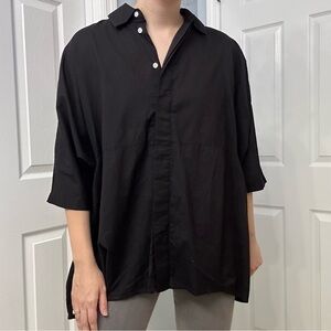 RHODE Shirt Button Down Black Cotton Oversized Lagenlook Size Extra Small